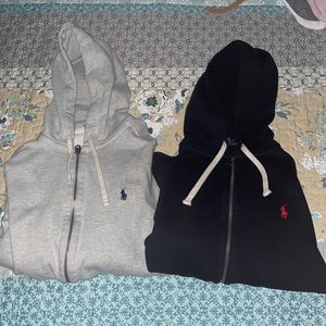 A black and red polo hoodie, size S and a grey and black polo hoodie, size M
